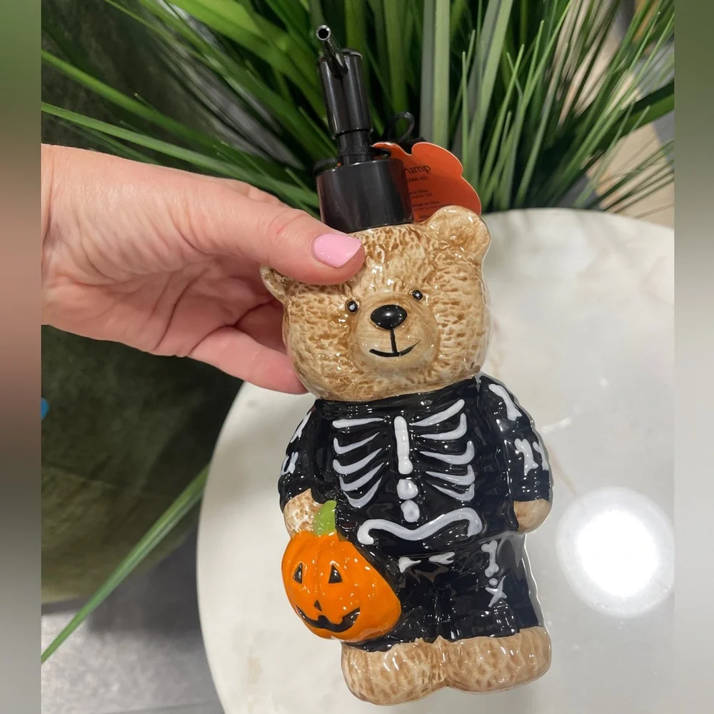 Halloween Teddy Bear Skeleton Costume Ceramic Soap Lotion Dispenser NWT